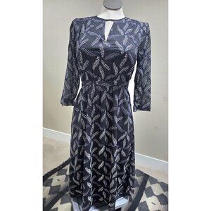 Suncoo Paris Black & Navy Leaf Print Dress With Keyhole Back Design Size 12 Poly